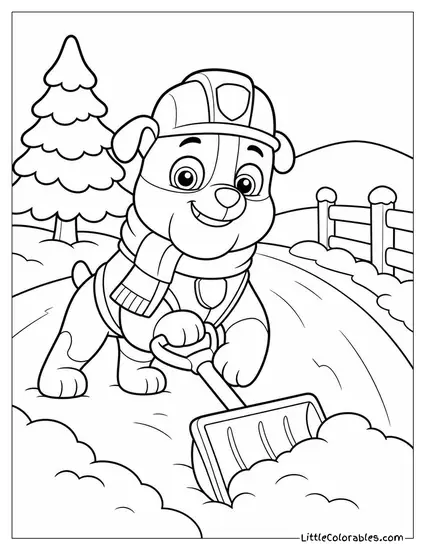 Rubble Wearing a Winter Scarf Shoveling Snow Off of a Country Road Coloring Page