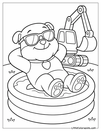Rubble Wearing Sunglasses Lounging in a Kiddie Pool Beside His Digger Coloring Page