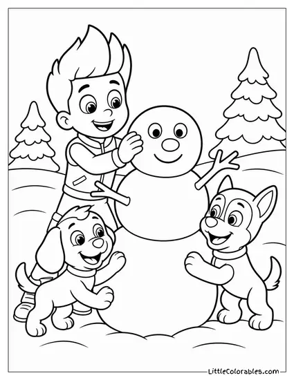 Ryder Building a Snowman With Two Giggling Pups Coloring Page