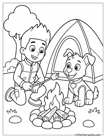 Ryder Camping Beside a Tent Roasting Marshmallows With a Pup Beside Him Coloring Page