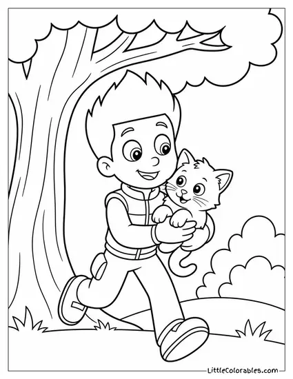 Ryder Carrying a Rescued Kitten Out of a Tree With a Relieved Smile Coloring Page