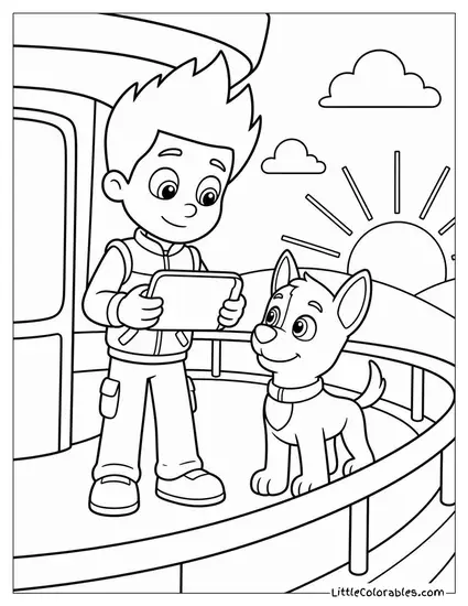 Ryder Checking His Pup Pad on the Lookout Tower Balcony at Sunrise Coloring Page