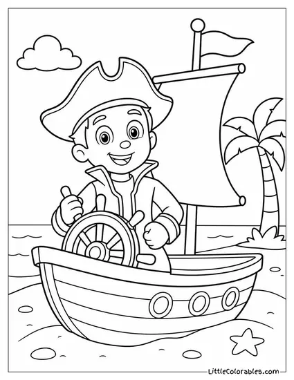 Ryder Dressed as a Pirate Captain Steering a Toy Ship on a Sandy Beach Coloring Page