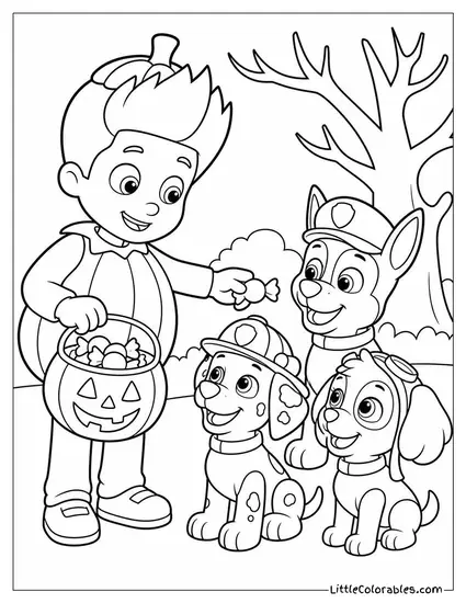 Ryder Dressed as a Pumpkin Handing Out Halloween Treats to Pups Coloring Page