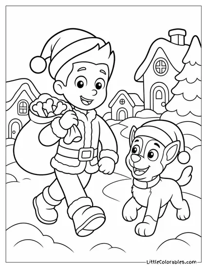 Ryder Dressed as Santa Delivering Pup Treats Through a Snowy Village Coloring Page