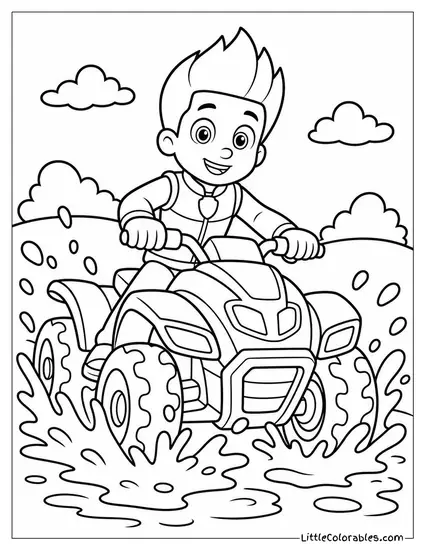 Ryder Driving His ATV Through a Muddy Field With Mud Splashing Everywhere Coloring Page