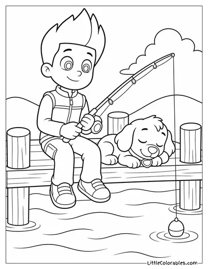 Ryder Fishing From a Wooden Dock With a Pup Napping Beside Him Coloring Page