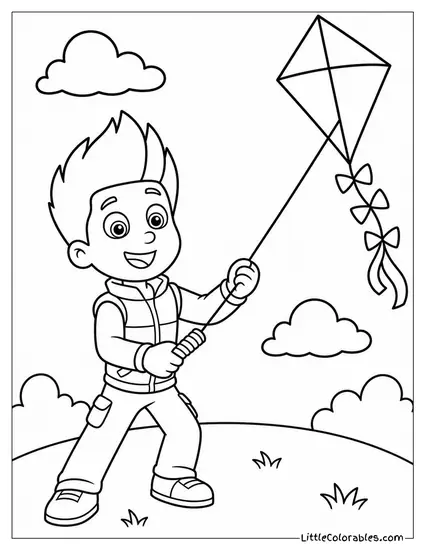 Ryder Flying a Colorful Kite on a Windy Hilltop Coloring Page