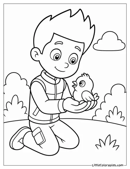 Ryder Gently Holding a Rescued Baby Bird in Both Hands Coloring Page