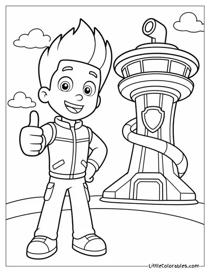 Ryder Giving a Big Thumbs Up in His Vest Beside the Lookout Tower Coloring Page