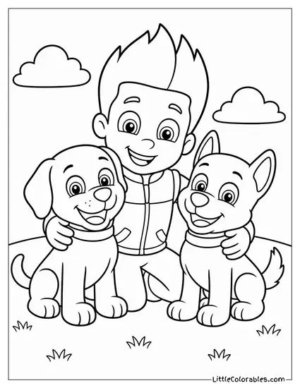 Ryder Hugging Two Happy Pups on a Grassy Hill Coloring Page