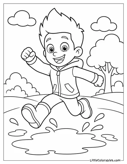 Ryder in a Rain Jacket Jumping Over Puddles With a Big Smile Coloring Page