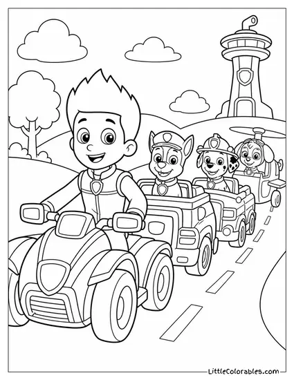 Ryder Leading a Line of Rescue Vehicles Down a Sunny Road Coloring Page