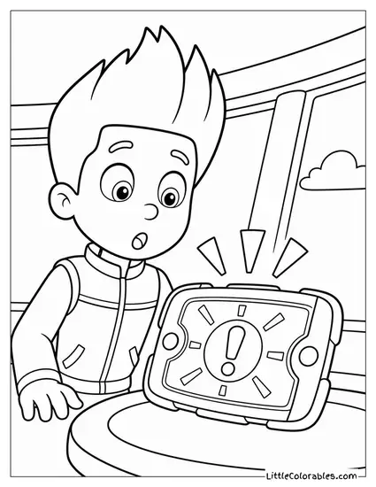Ryder Looking Surprised as His Pup Pad Lights Up With a Flashing Alert Coloring Page