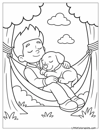 Ryder Napping in a Hammock Between Two Trees With a Pup Curled on His Chest Coloring Page