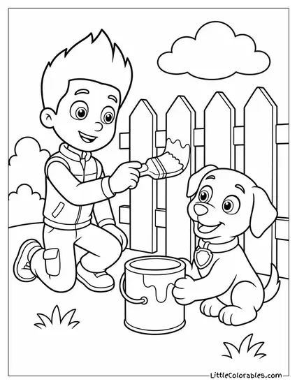 Ryder Painting a White Fence With a Pup Holding the Paint Can Coloring Page