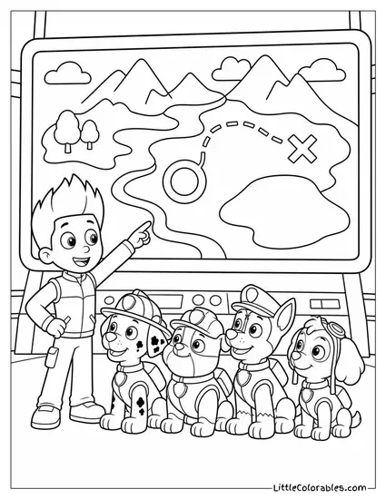 Ryder Planning a Rescue With a Big Map on the Lookout Tower Screen Coloring Page