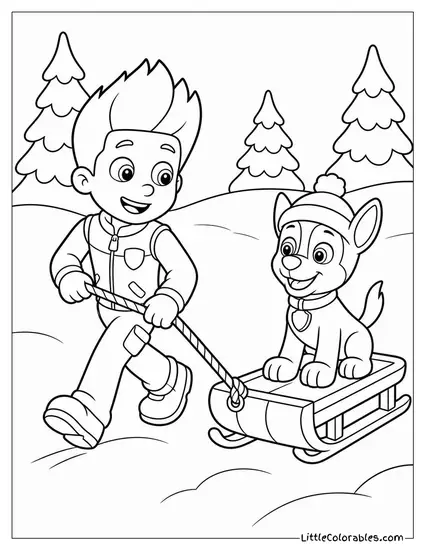 Ryder Pulling a Sled With a Pup on Top Through a Snowy Forest Coloring Page