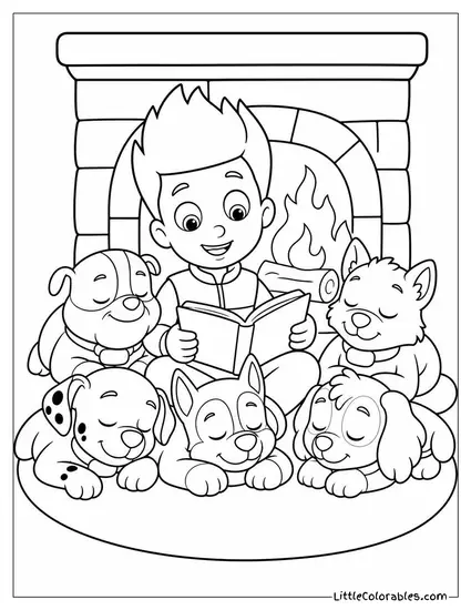 Ryder Reading a Storybook to Sleepy Pups in Front of a Cozy Fireplace Coloring Page