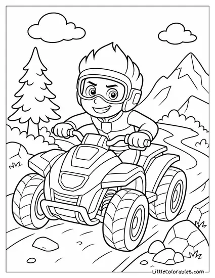 Ryder Riding His ATV Down a Mountain Trail With Goggles on and a Determined Grin Coloring Page