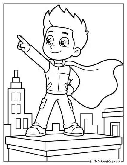Ryder Wearing a Flowing Cape Pretending to Be a Superhero on a Rooftop Coloring Page