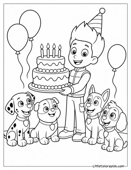Ryder Wearing a Party Hat Carrying a Big Birthday Cake for the Pups Coloring Page