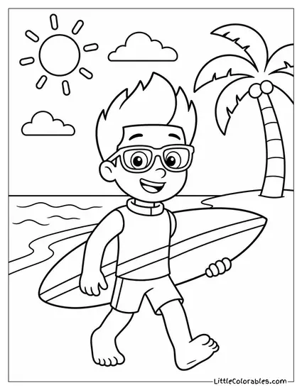 Ryder Wearing Sunglasses Carrying a Surfboard Along a Sunny Beach Coloring Page