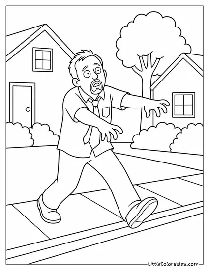Shaun From Shaun of the Dead Stumbling Through a Quiet Neighborhood Coloring Page