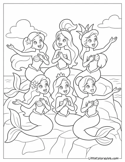 Six Mermaid Sisters Singing Together on a Rocky Shore Coloring Page