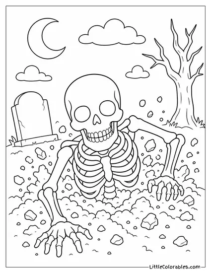 Skeleton Crawling Out of a Shallow Grave With Dirt Flying Everywhere Coloring Page