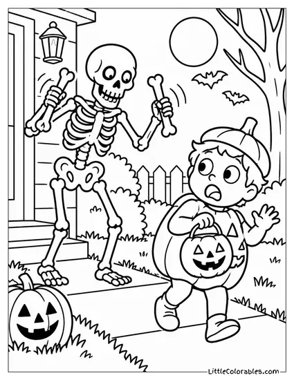 Skeleton Rattling Its Bones Together to Spook a Passing Trick or Treater Coloring Page