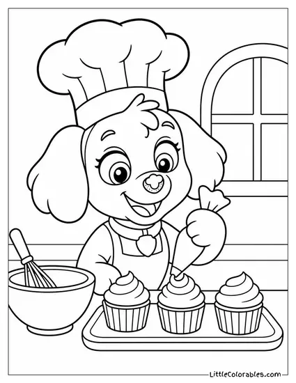 Skye Baking Cupcakes in a Chef Hat With Frosting on Her Nose Coloring Page