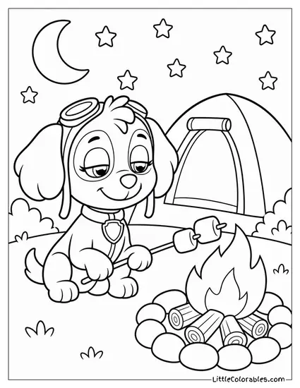 Skye Camping Beside a Tent Roasting Marshmallows Under the Stars With Sleepy Eyes Coloring Page