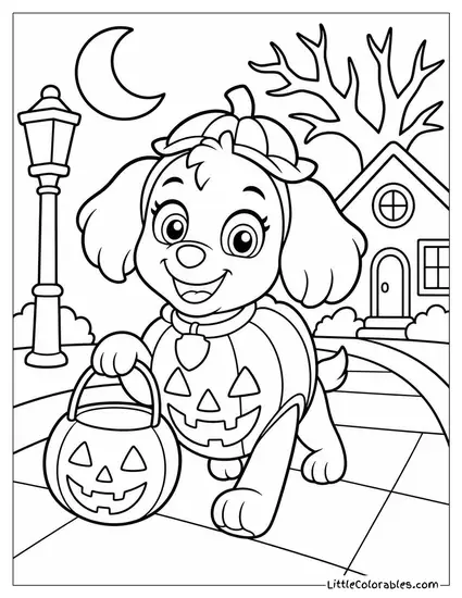 Skye Dressed as a Pumpkin Trick or Treating With a Candy Bucket on a Spooky Street Coloring Page