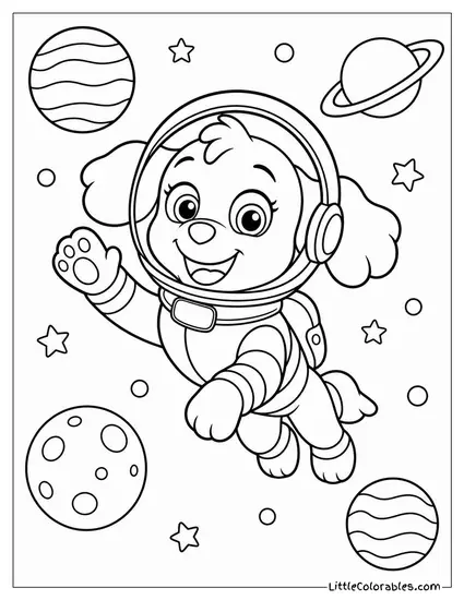 Skye Dressed as an Astronaut Floating Among Planets and Stars Coloring Page