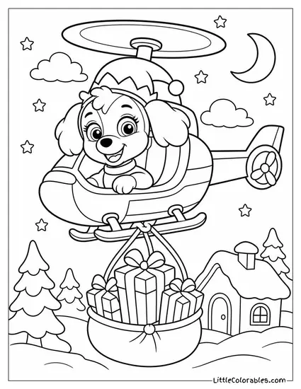 Skye Dressed as an Elf Delivering Presents by Helicopter on a Snowy Christmas Night Coloring Page