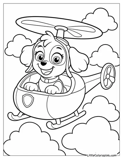 Skye Flying Her Helicopter Through Fluffy Clouds With a Big Joyful Grin Coloring Page