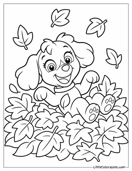 Skye Giggling While Tumbling Through a Pile of Autumn Leaves Coloring Page