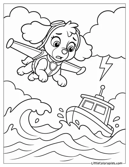 Skye Gliding Over a Stormy Sea With a Worried Face as She Spots a Boat in Trouble Coloring Page