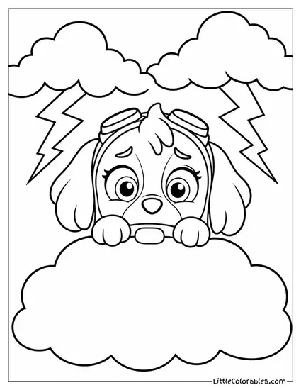 Skye Hiding Behind a Cloud With Wide Scared Eyes as Thunder Crackles Coloring Page