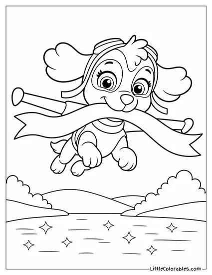 Skye Holding a Ribbon Banner in Her Mouth While Flying Over a Sparkling Lake Coloring Page