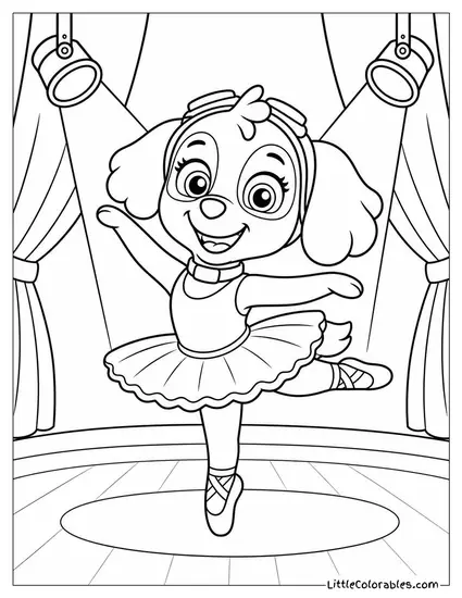 Skye in a Ballerina Tutu Twirling on a Stage Under Bright Spotlights Coloring Page
