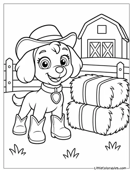 Skye in a Cowgirl Hat and Boots Standing Beside Hay Bales on a Farm Coloring Page