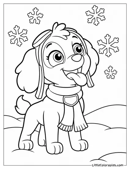 Skye in a Cozy Winter Scarf Catching Snowflakes on Her Tongue Coloring Page