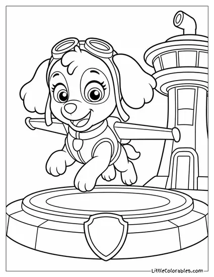 Skye Landing on the Lookout Tower Pad With Aviator Goggles Pushed Up on Her Head Coloring Page