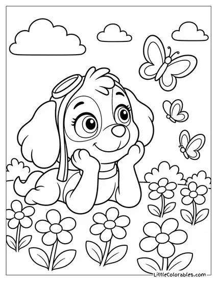 Skye Lying in a Flower Field Watching Butterflies With a Peaceful Smile Coloring Page