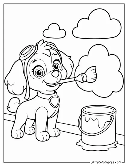Skye Painting a Cloud Mural on a Wall With a Paintbrush Held in Her Mouth Coloring Page
