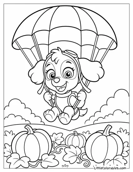 Skye Parachuting Down Over a Pumpkin Patch With Wide Excited Eyes Coloring Page