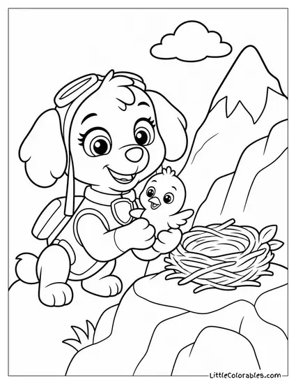 Skye Proudly Holding a Rescued Baby Bird Beside a Mountain Nest Coloring Page