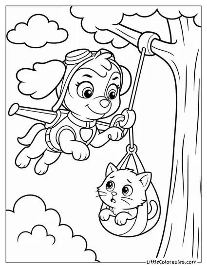 Skye Rescuing a Kitten From a Tall Tree With Her Winch and a Determined Look Coloring Page